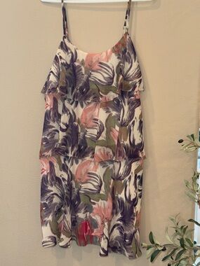 Forever 21 White Floral Tiered Midi Dress with Pink & Green Accents